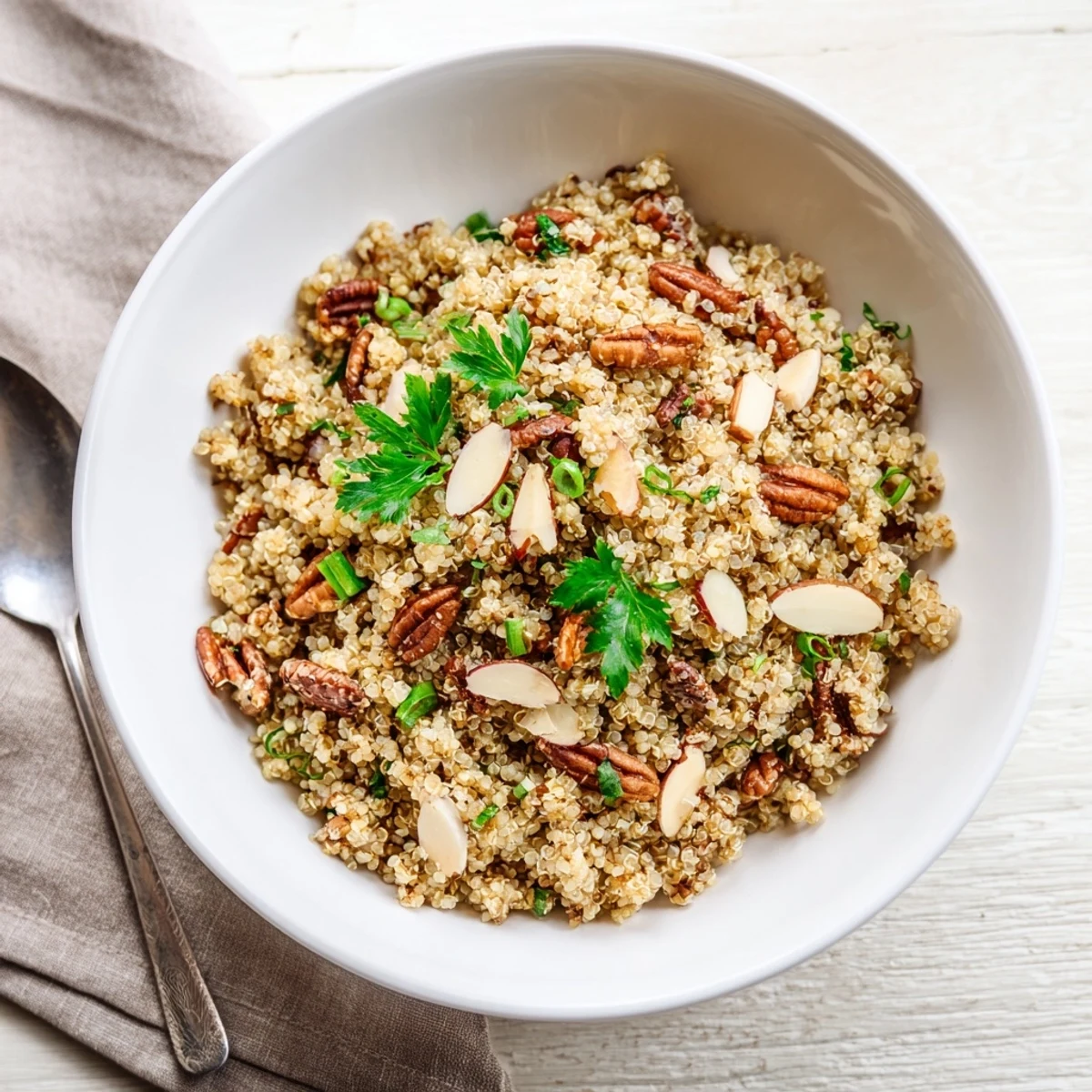The finished Nutty Quinoa dish combines fluffy grains with crunchy toasted nuts and fresh lemon-herb flavors.