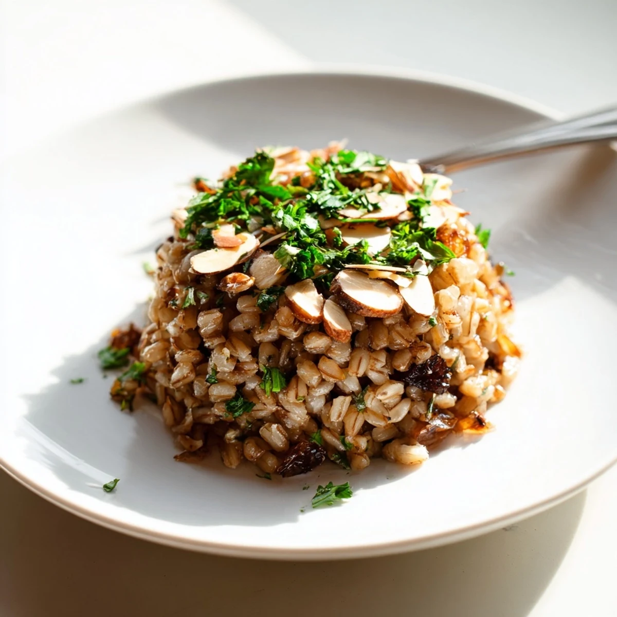 A close-up of fragrant spiced barley, garnished with fresh parsley and toasted almonds, served warm as a hearty side.