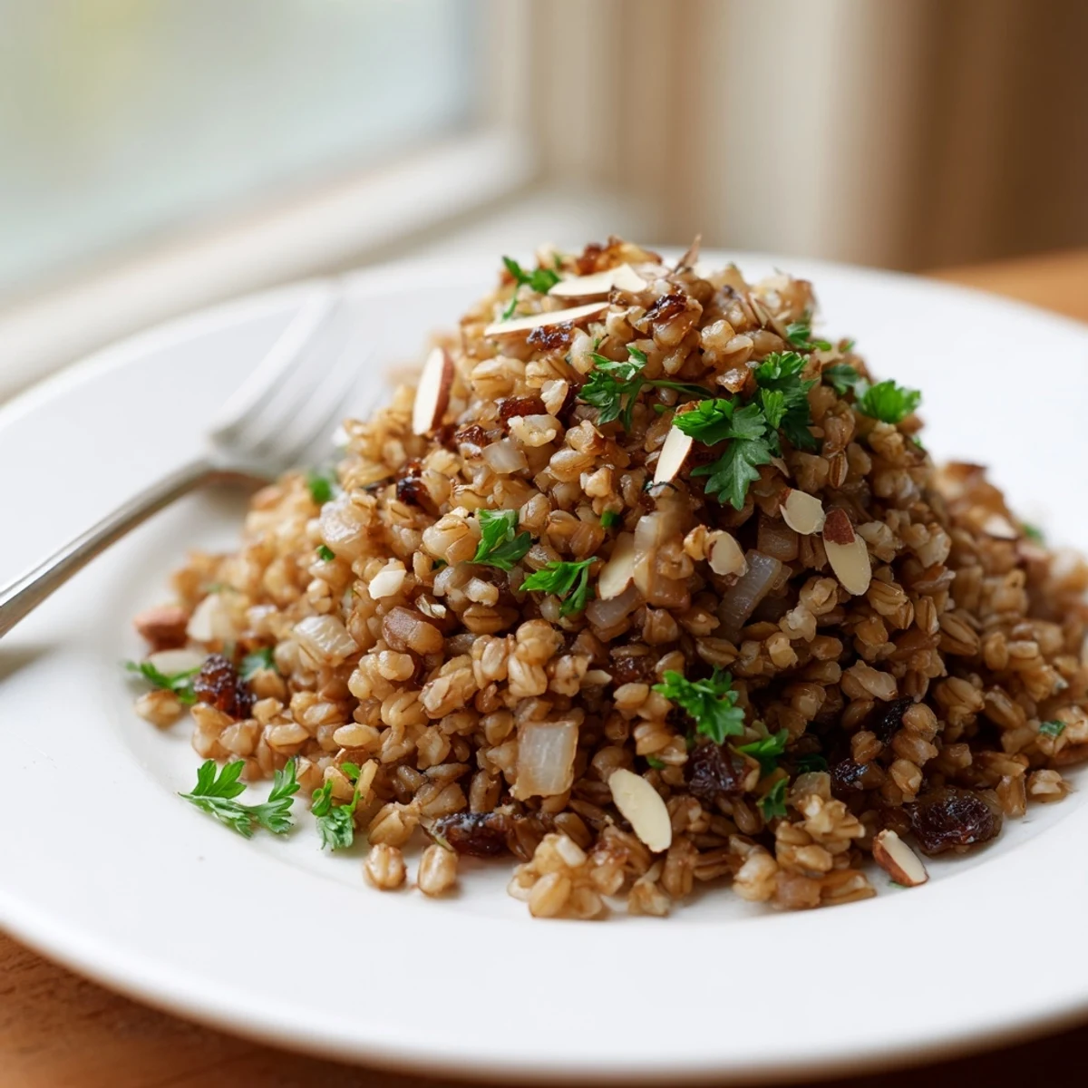 Aromatic spiced barley with golden turmeric and cumin, fluffed with fork and garnished with fresh parsley for a vibrant finish.