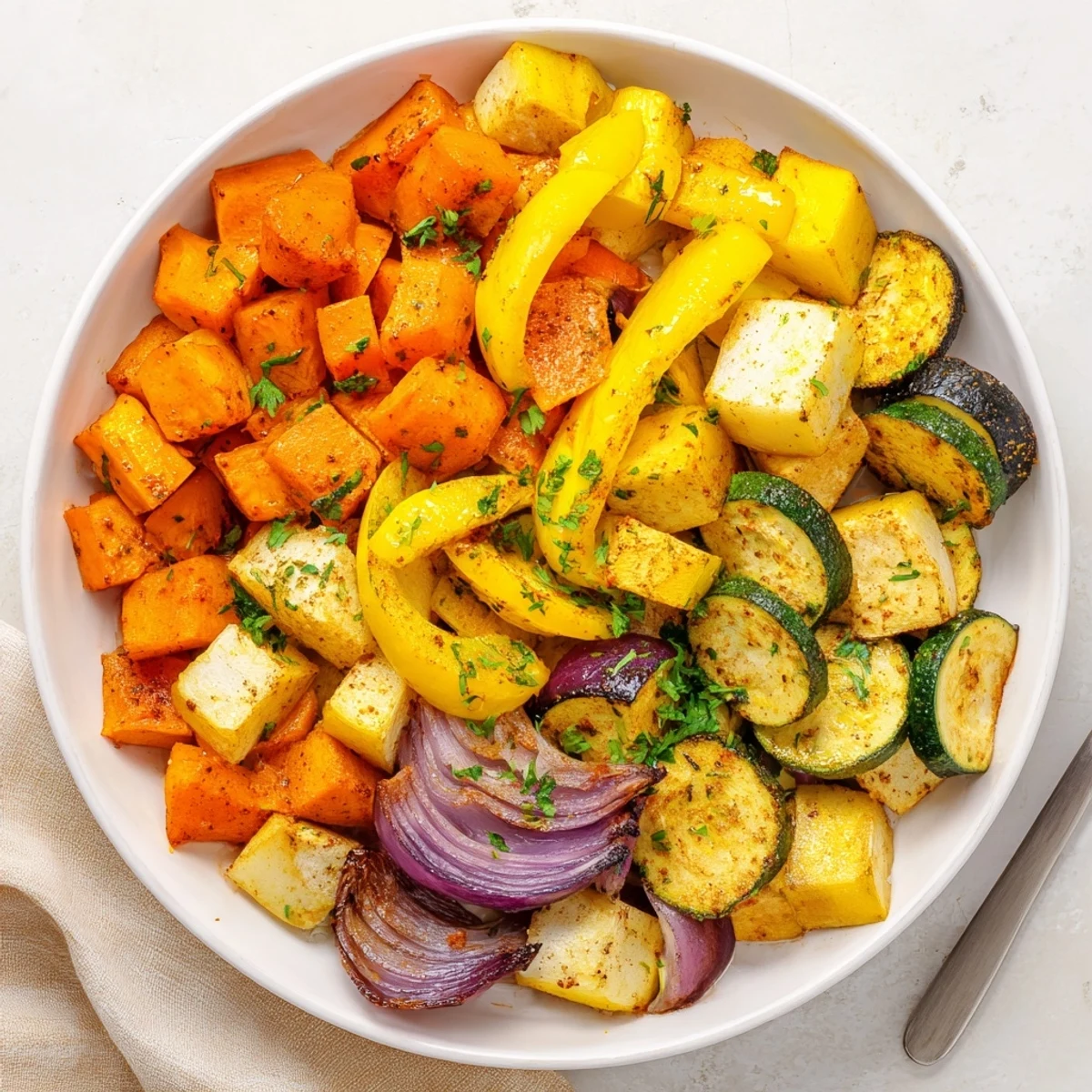 A close-up of Warm Golden Veg, roasted butternut squash and carrots glistening with turmeric and herbs.  