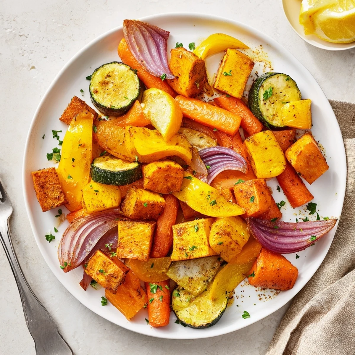 Steaming platter of Warm Golden Veg, colorful roasted vegetables garnished with fresh parsley on a rustic table.  