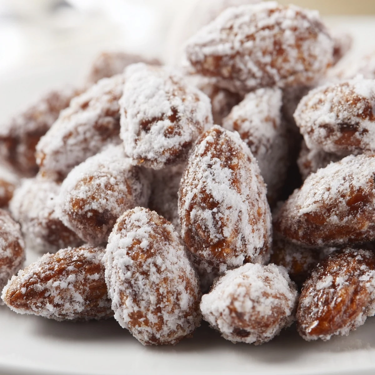 A close-up of Snowy Toasted Almond clusters, glistening with powdered sugar on a rustic wooden board.