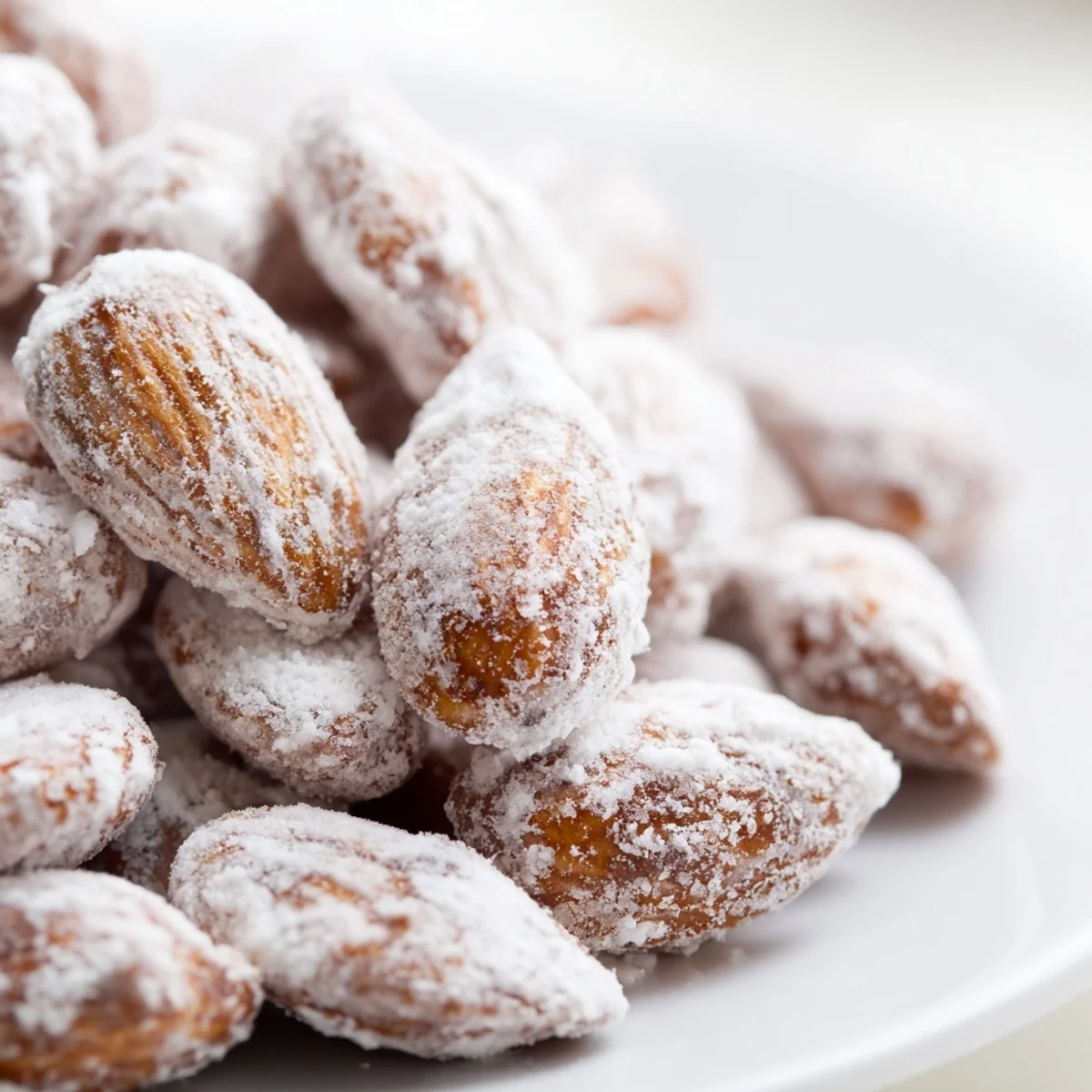 Snowy Toasted Almond dessert piled high on a dessert plate, ready to be served with coffee.