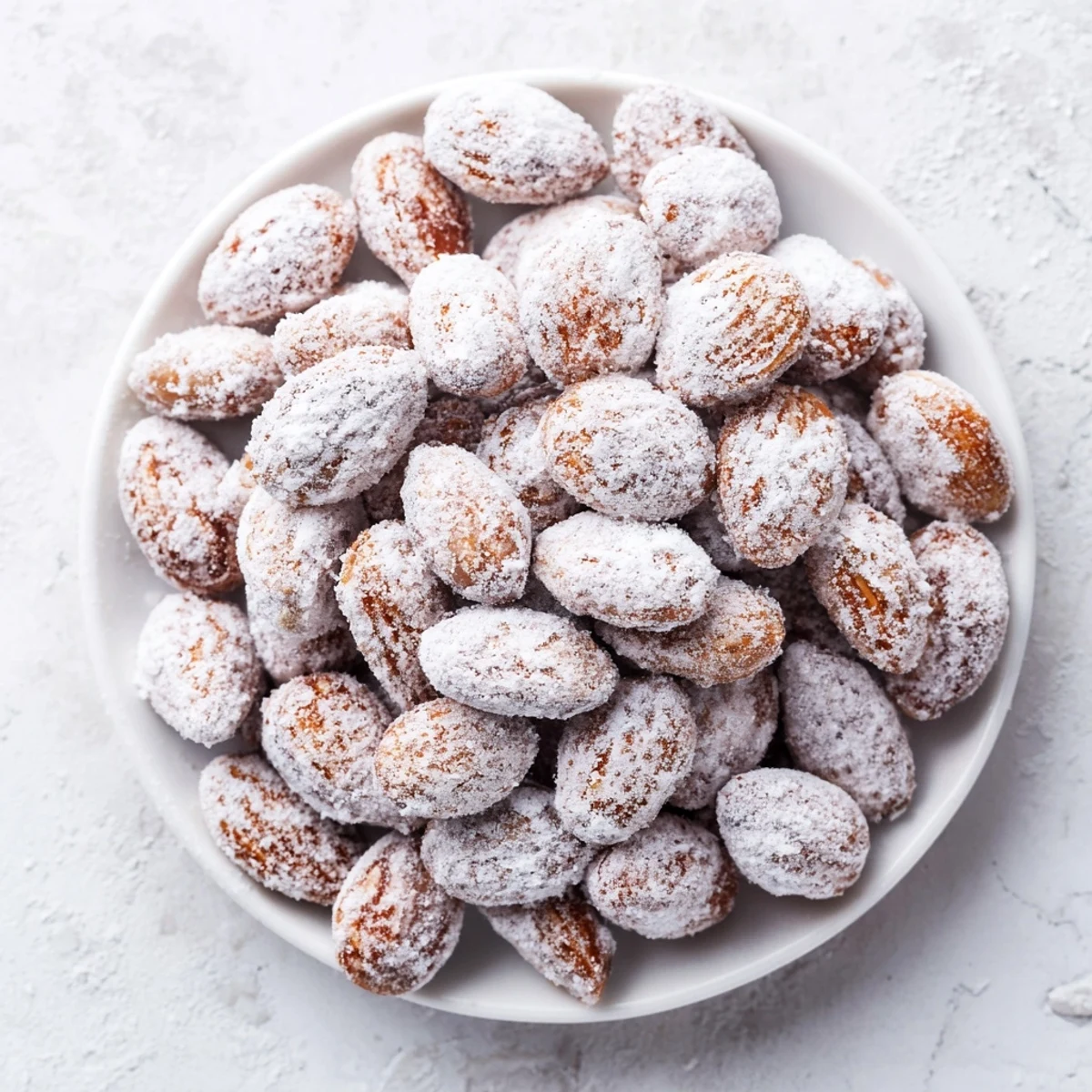 Freshly coated Snowy Toasted Almond treats cooling on parchment paper, showing off their sweet, snowy finish.