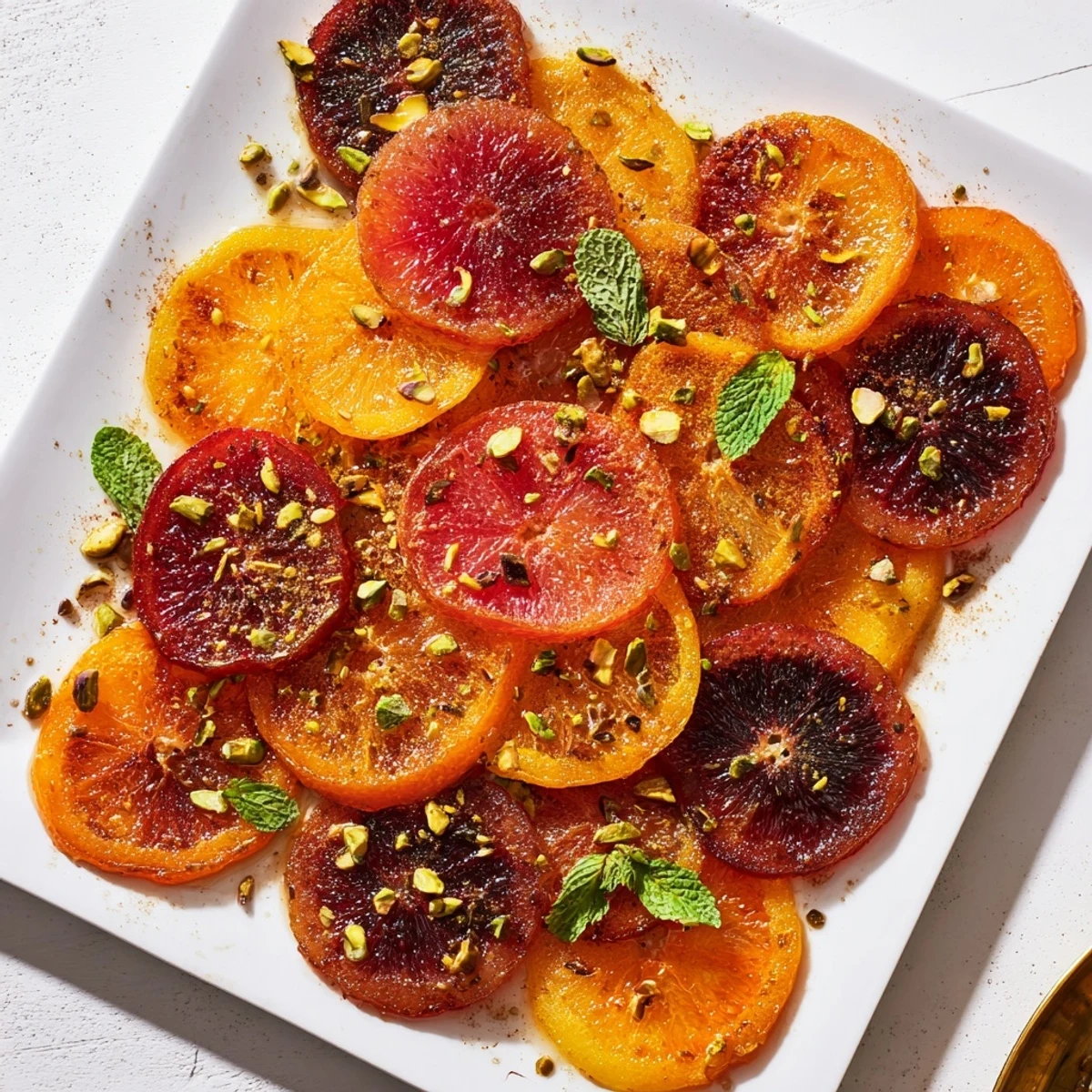 A vibrant platter of roasted bright citrus, lightly spiced with cinnamon and cardamom, glistening with honey.