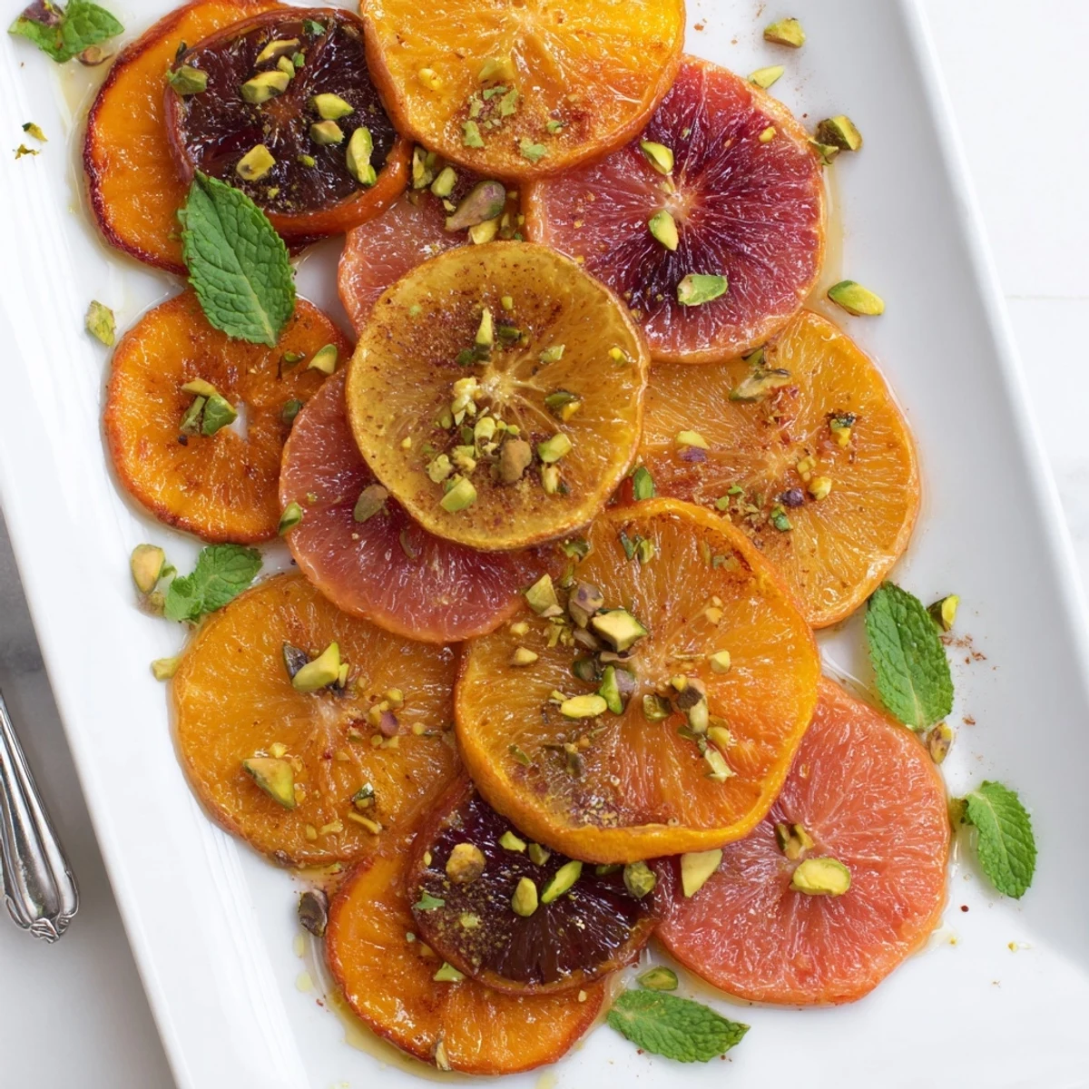 Sliced blood oranges and grapefruit rounds roast until edges brown, perfect for yogurt or dessert topping.