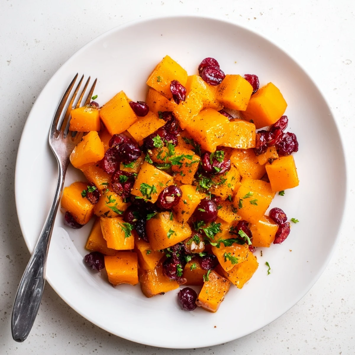 Golden roasted cubes of butternut squash glisten with maple syrup, mingling with vibrant red cranberries in this Cranberry Maple Squash dish.  