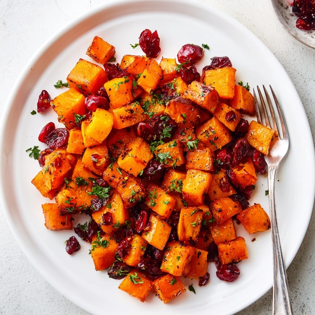 A close-up of warm Cranberry Maple Squash reveals caramelized edges on tender squash and soft, bubbling cranberries, ready for a holiday table.  