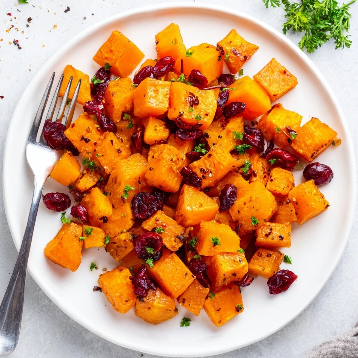 A spoon holds a hearty serving of Cranberry Maple Squash, featuring tender squash chunks and tart cranberries, garnished with fresh parsley.