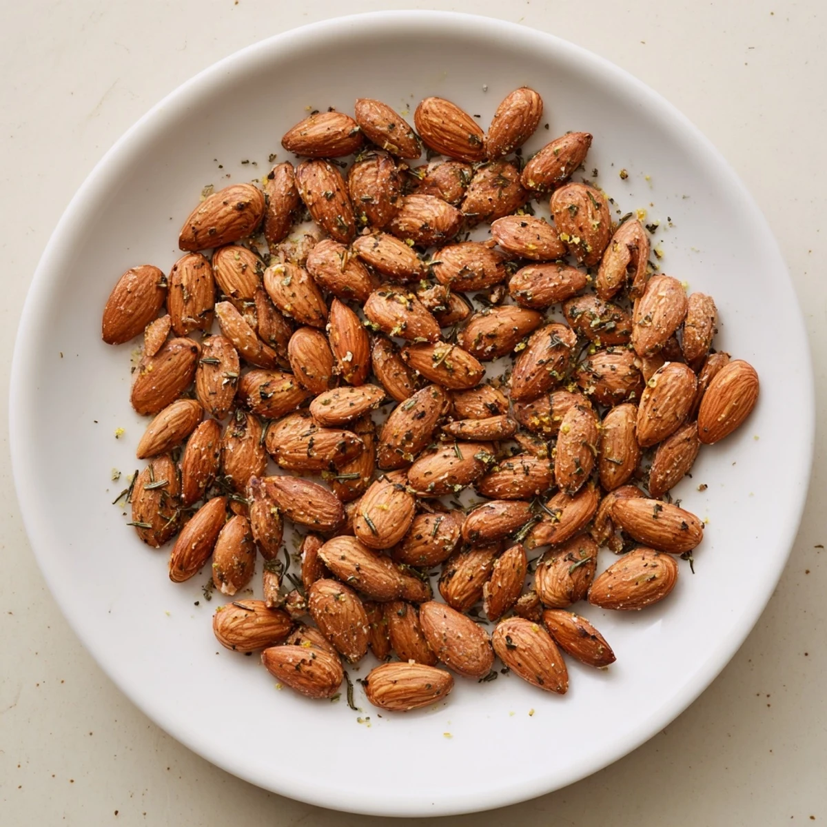 A close-up of Emerald Toasted Almonds glistening with olive oil and flecked with rosemary on a rustic baking sheet.  