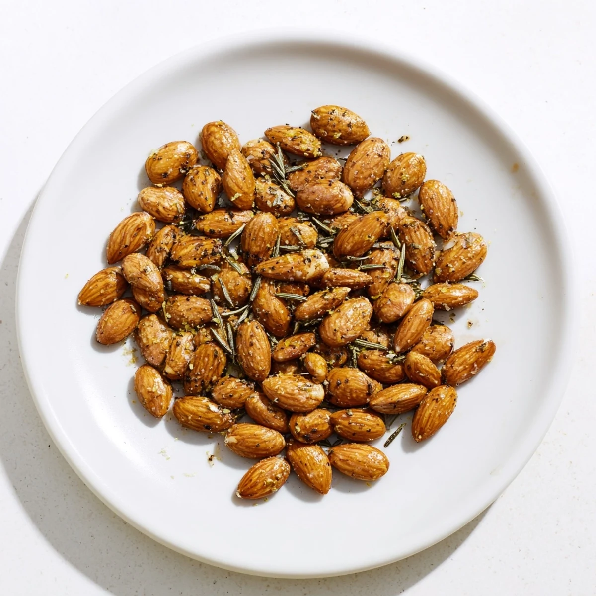 Freshly baked Emerald Toasted Almonds in a glass bowl, showcasing their golden-brown color and fragrant herbed salt.  