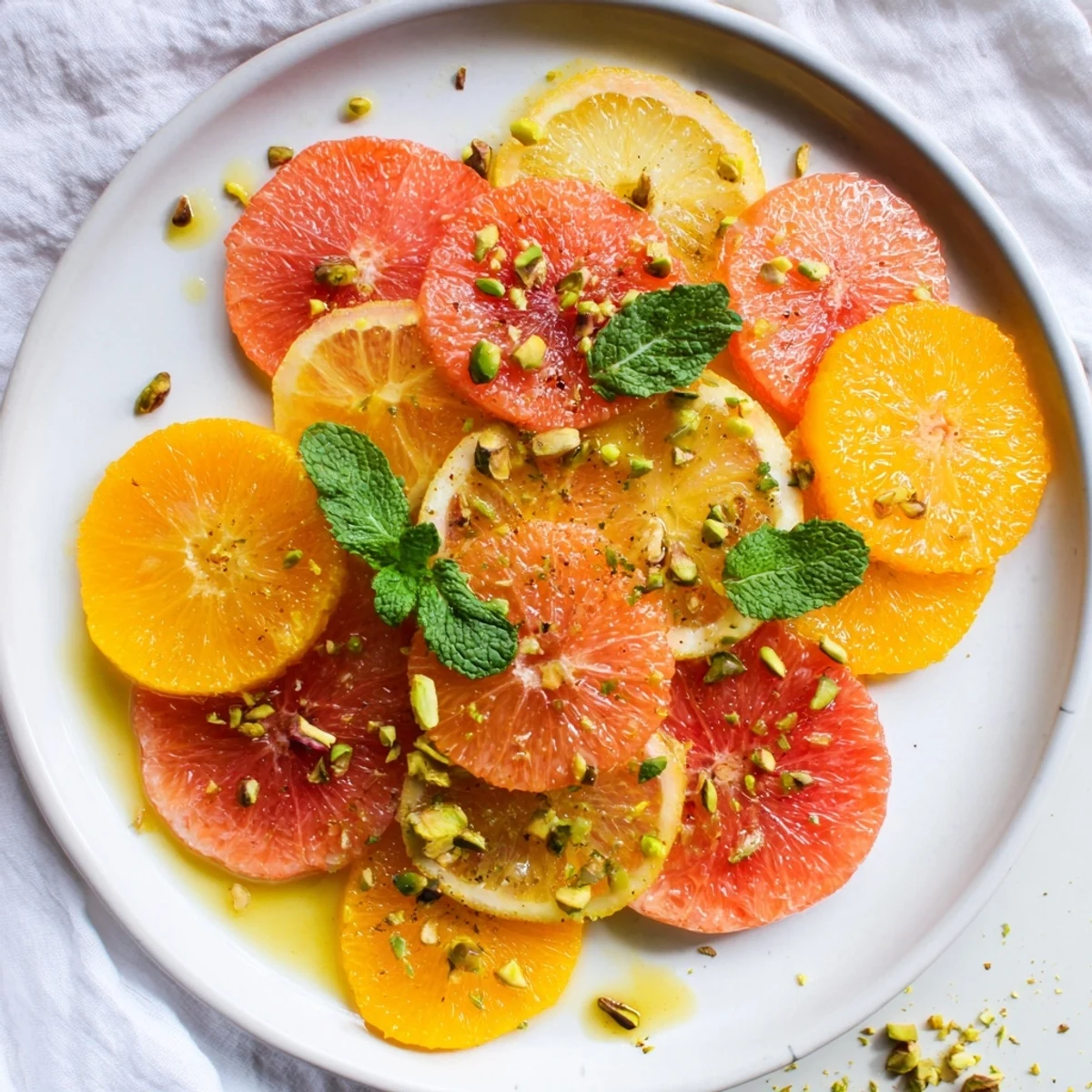 Bright Citrus salad with orange, grapefruit, and lemon slices glistening under a honey-lemon dressing, topped with fresh mint.  
