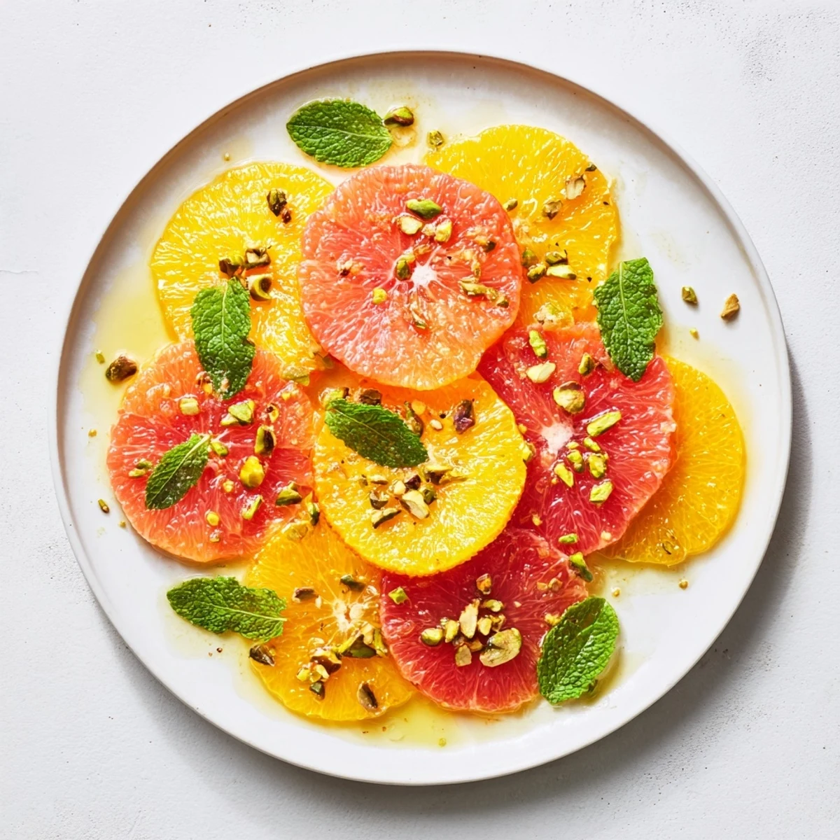 Freshly prepared Bright Citrus salad arranged on a white platter, showing juicy citrus rounds and chopped mint garnish.  