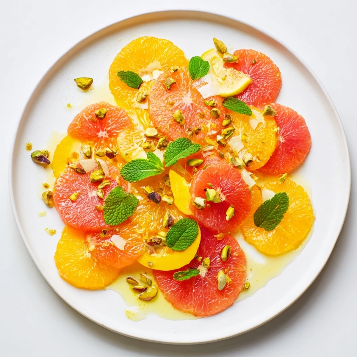 A close look at Bright Citrus salad with vibrant fruit slices, a light drizzle of dressing, and optional pistachios.