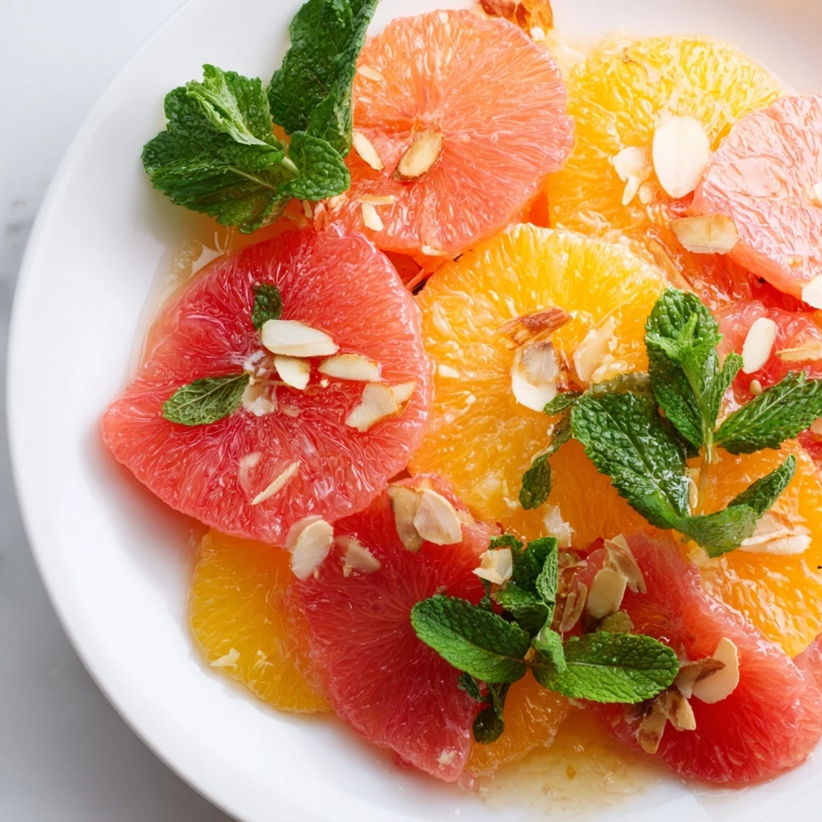 A vibrant Golden Bright Citrus salad showcases glossy orange and grapefruit rounds drizzled with minty honey dressing on a platter.  
