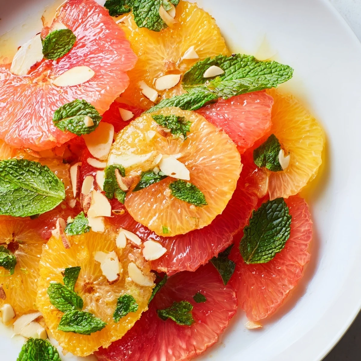 This refreshing Golden Bright Citrus salad features layered citrus slices topped with mint and crunchy pistachios for a bright, healthy dessert.  