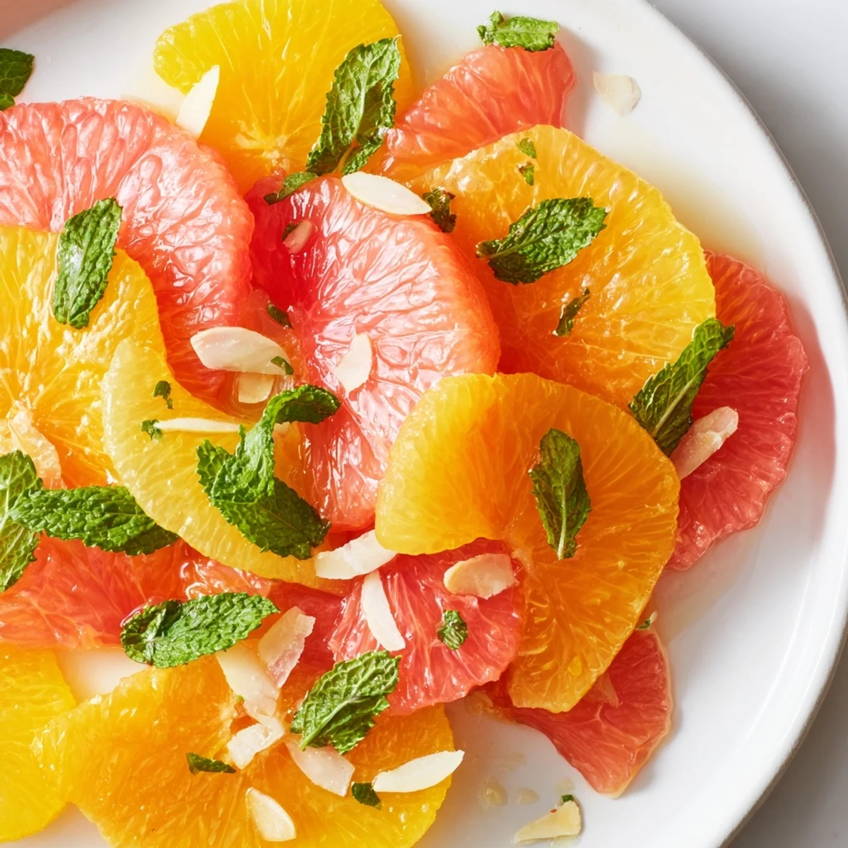 Colorful Golden Bright Citrus salad with juicy lemon, orange, and grapefruit glistening under a drizzle of dressing, garnished with fresh mint leaves.