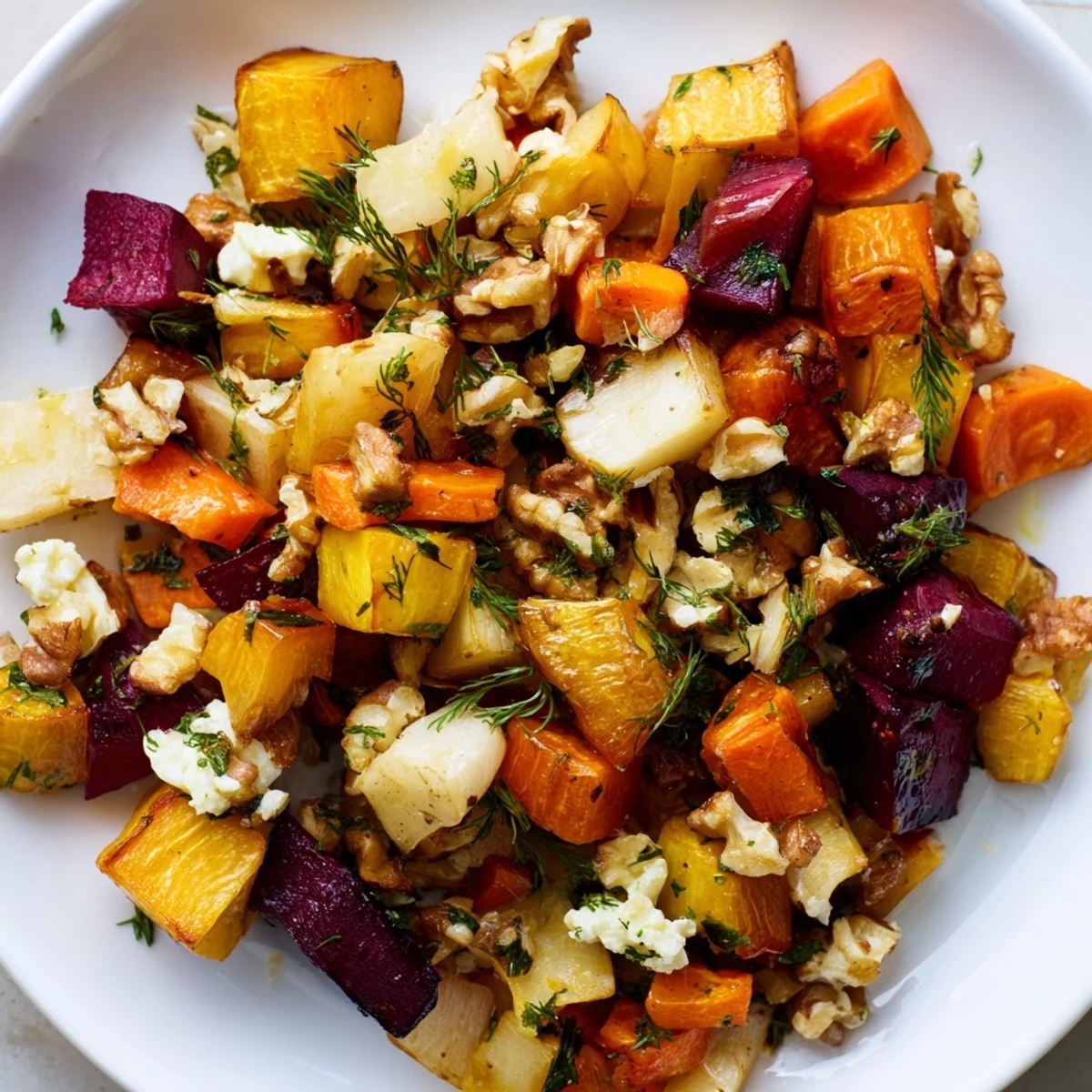 A close-up of the vibrant Root Evergreen Mix salad, featuring roasted root vegetables like carrots, parsnips, and golden beets garnished with fresh dill and parsley.