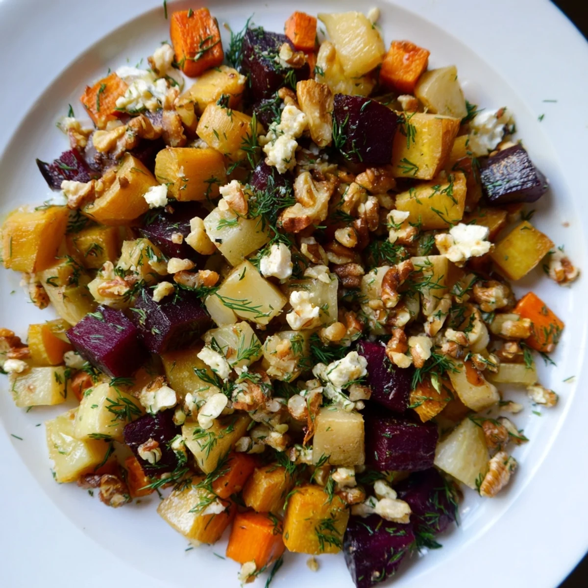 The warm Root Evergreen Mix salad served in a rustic ceramic bowl, with toasted walnuts and crumbled goat cheese adding texture and flavor.