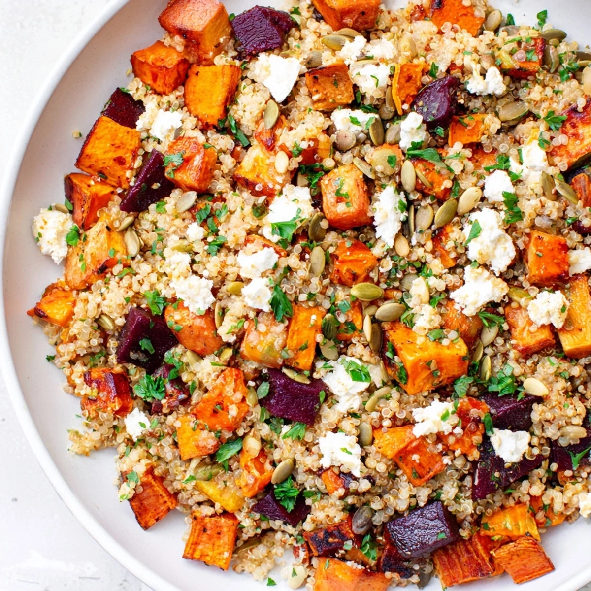 Vibrant bowl of Root Quinoa salad with roasted sweet potatoes, carrots, and beets tossed with a zesty lemon vinaigrette and parsley.