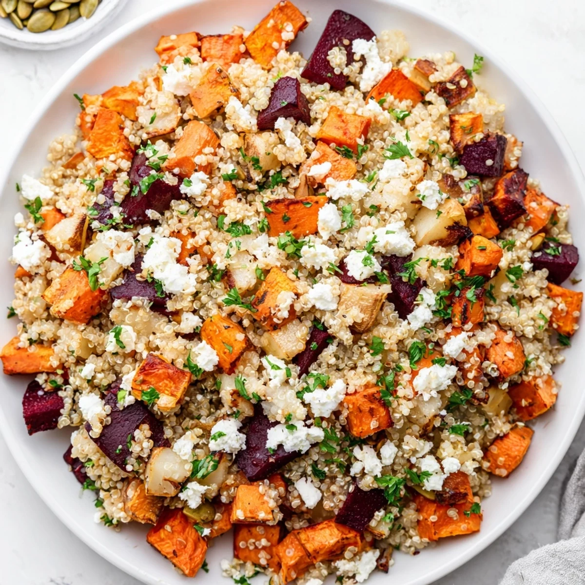 Hearty Root Quinoa salad featuring golden, oven-roasted root vegetables and fluffy quinoa, ideal as a satisfying vegetarian dinner side or main.