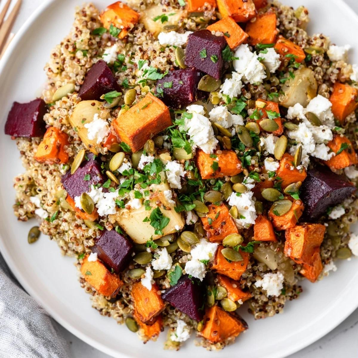 Colorful Root Quinoa main dish topped with crumbled feta and toasted pumpkin seeds, served warm or chilled for a wholesome meal.