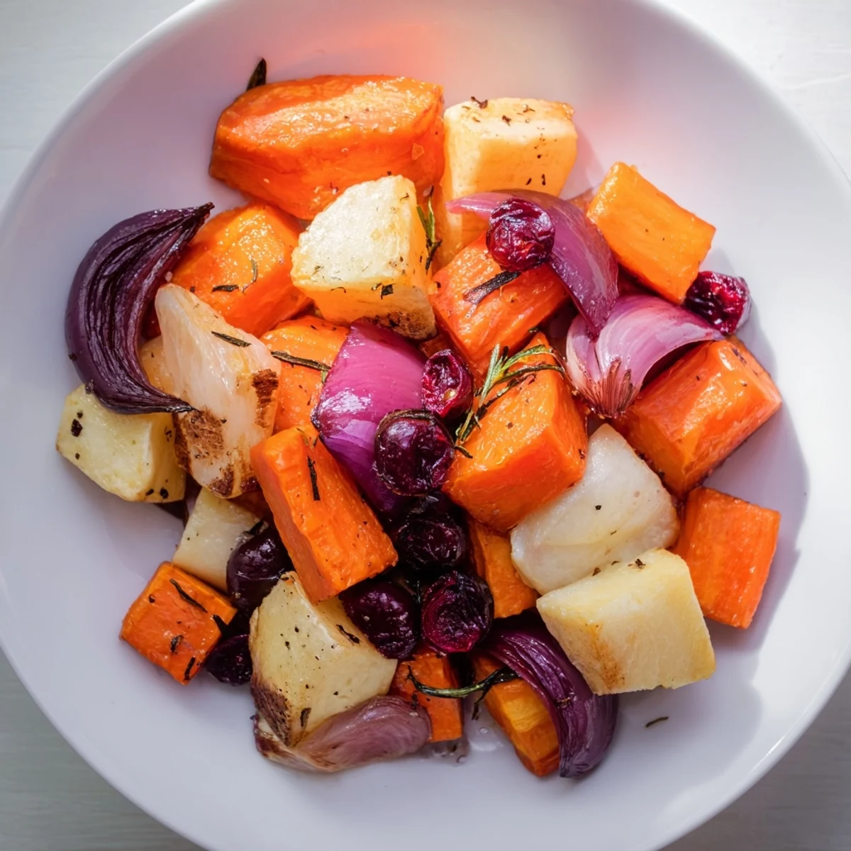 Vibrant cranberry roasted roots served warm in a rustic dish, garnished with fresh thyme and ready to accompany a festive roast turkey or chicken.