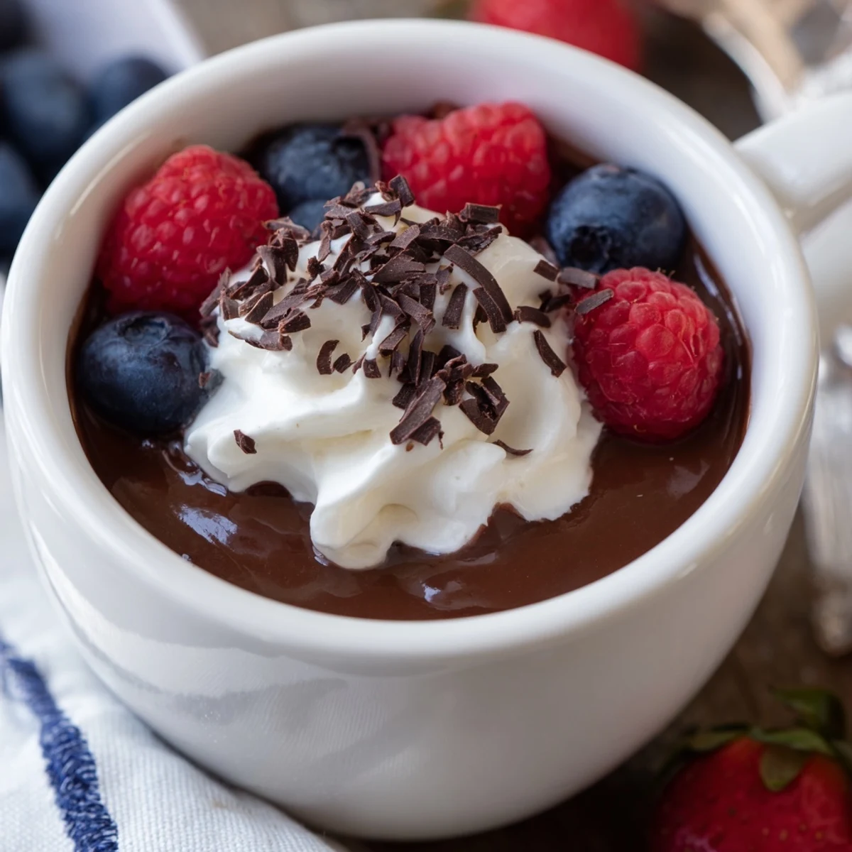 A steaming mug of Hearth Cocoa Berry topped with whipped cream and fresh berries by a cozy fireplace.  