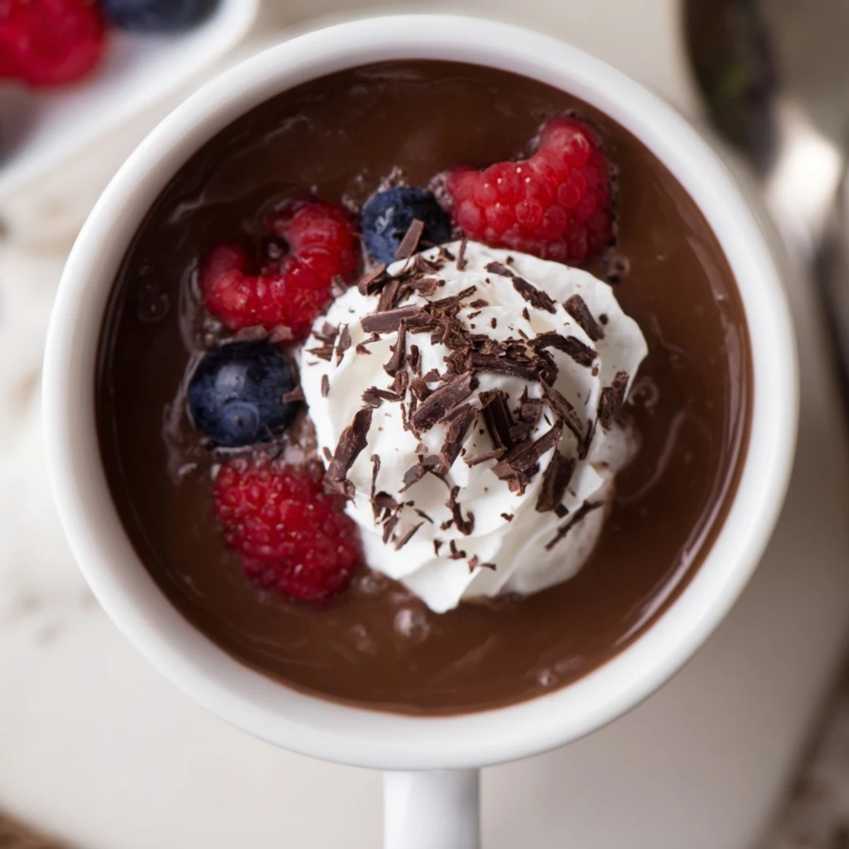 Close-up of Hearth Cocoa Berry in a rustic mug, garnished with chocolate shavings and plump raspberries.