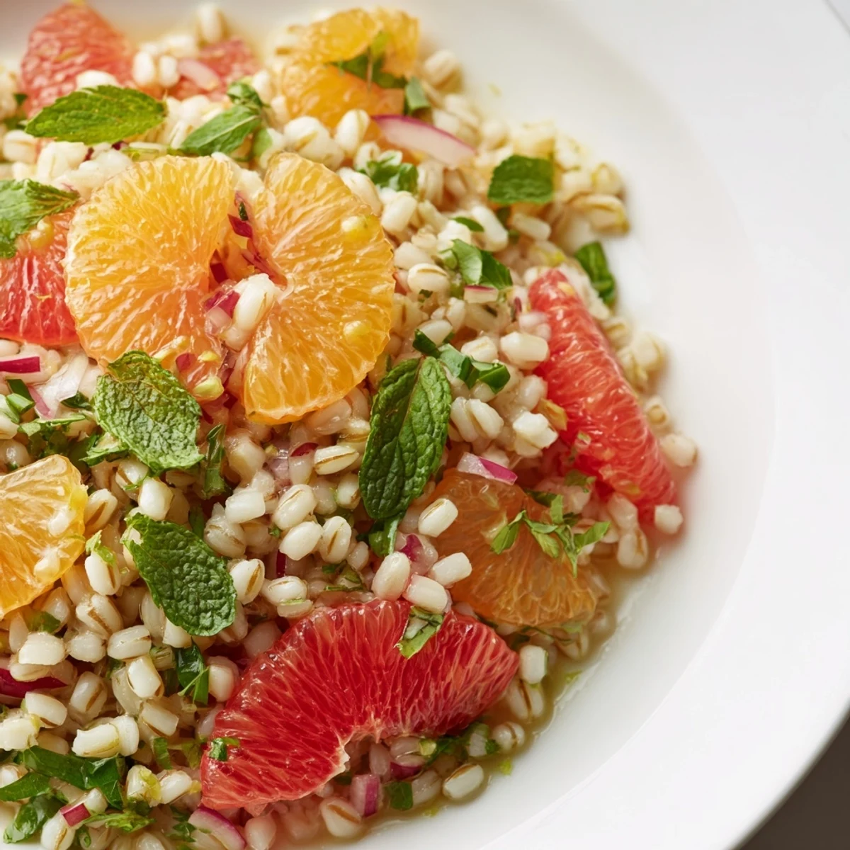 A vibrant bowl of Citrus Barley salad with colorful orange and grapefruit segments over fluffy cooked barley.
