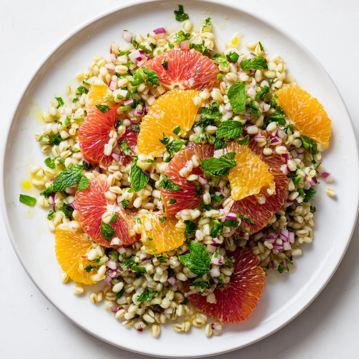 Fresh parsley and mint garnish this Mediterranean Citrus Barley salad, drizzled with a zesty vinaigrette.