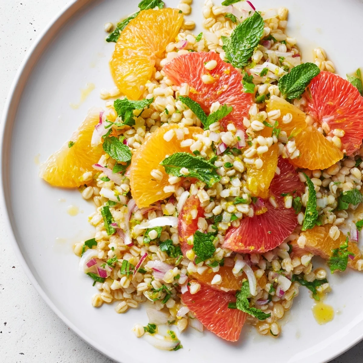 Ready to serve chilled Citrus Barley salad, perfect as a light lunch or refreshing side dish.