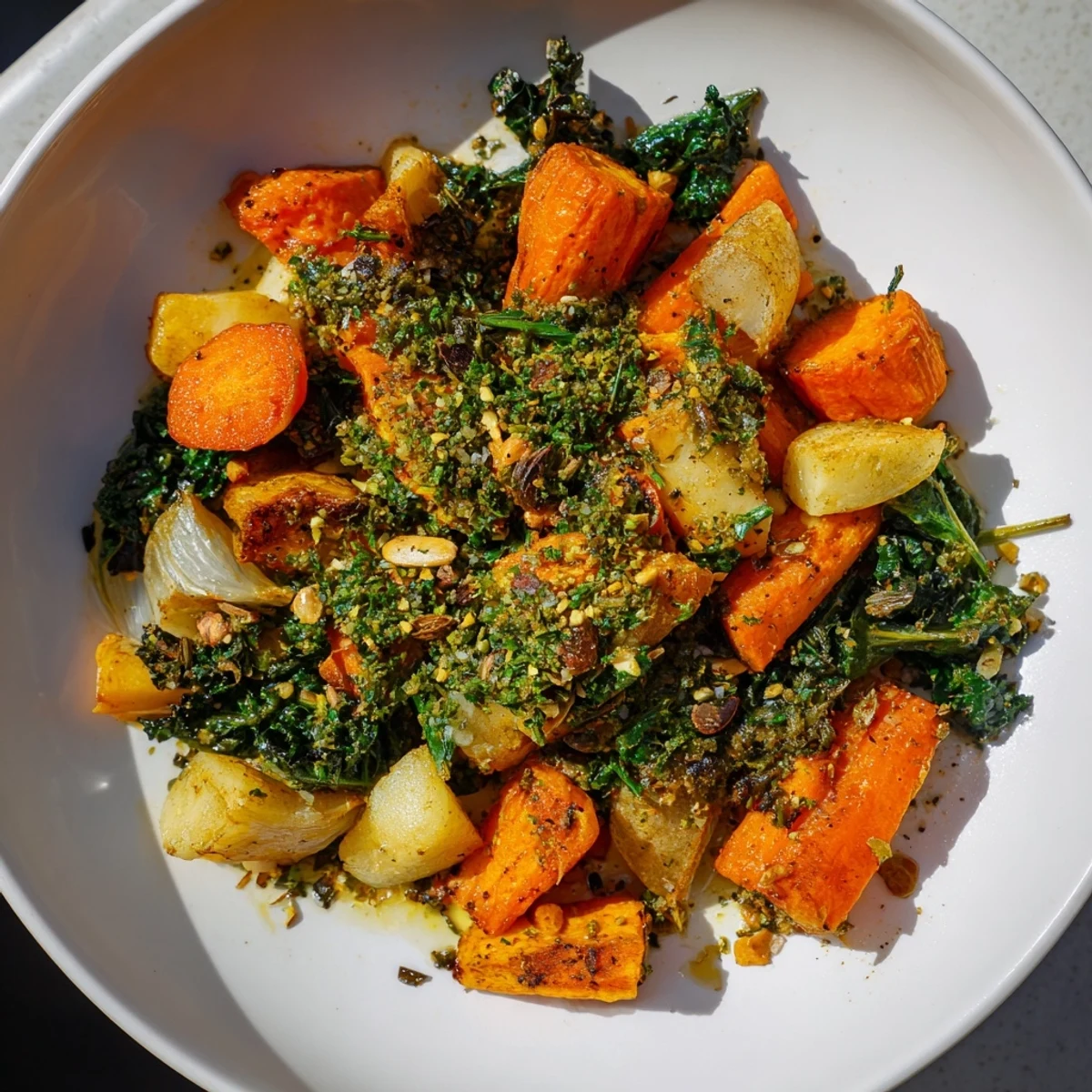 Golden roasted carrots, parsnips, celeriac, and sweet potato topped with vibrant green kale and a fresh lemon gremolata, served warm.