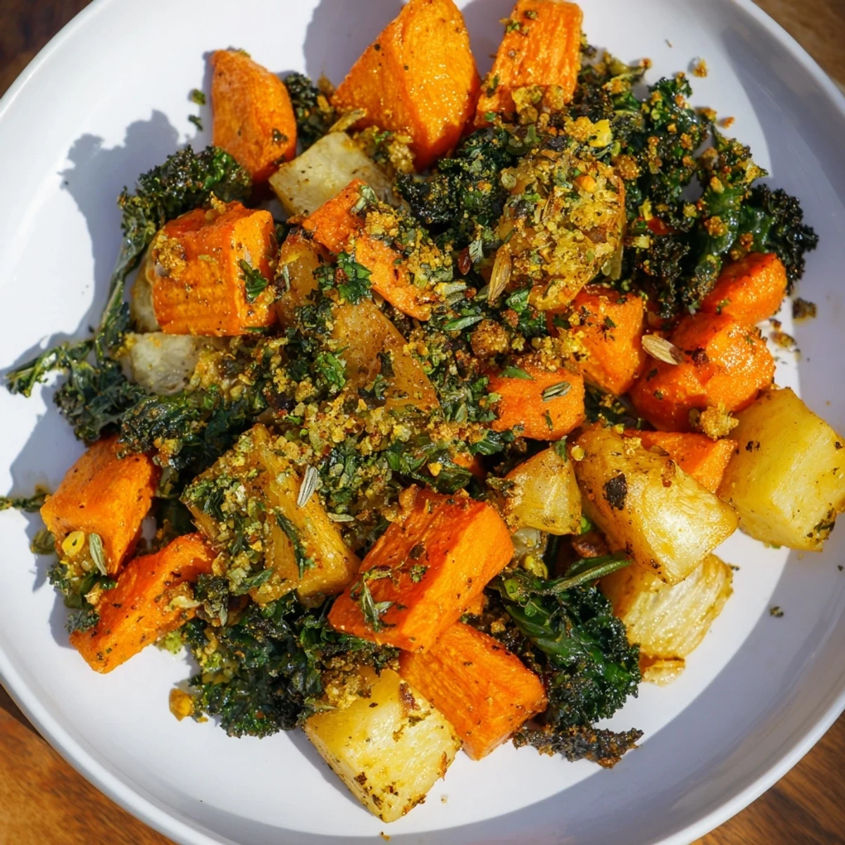 A hearty vegetarian side dish of oven-roasted roots and winter greens, finished with a zesty herbaceous gremolata.