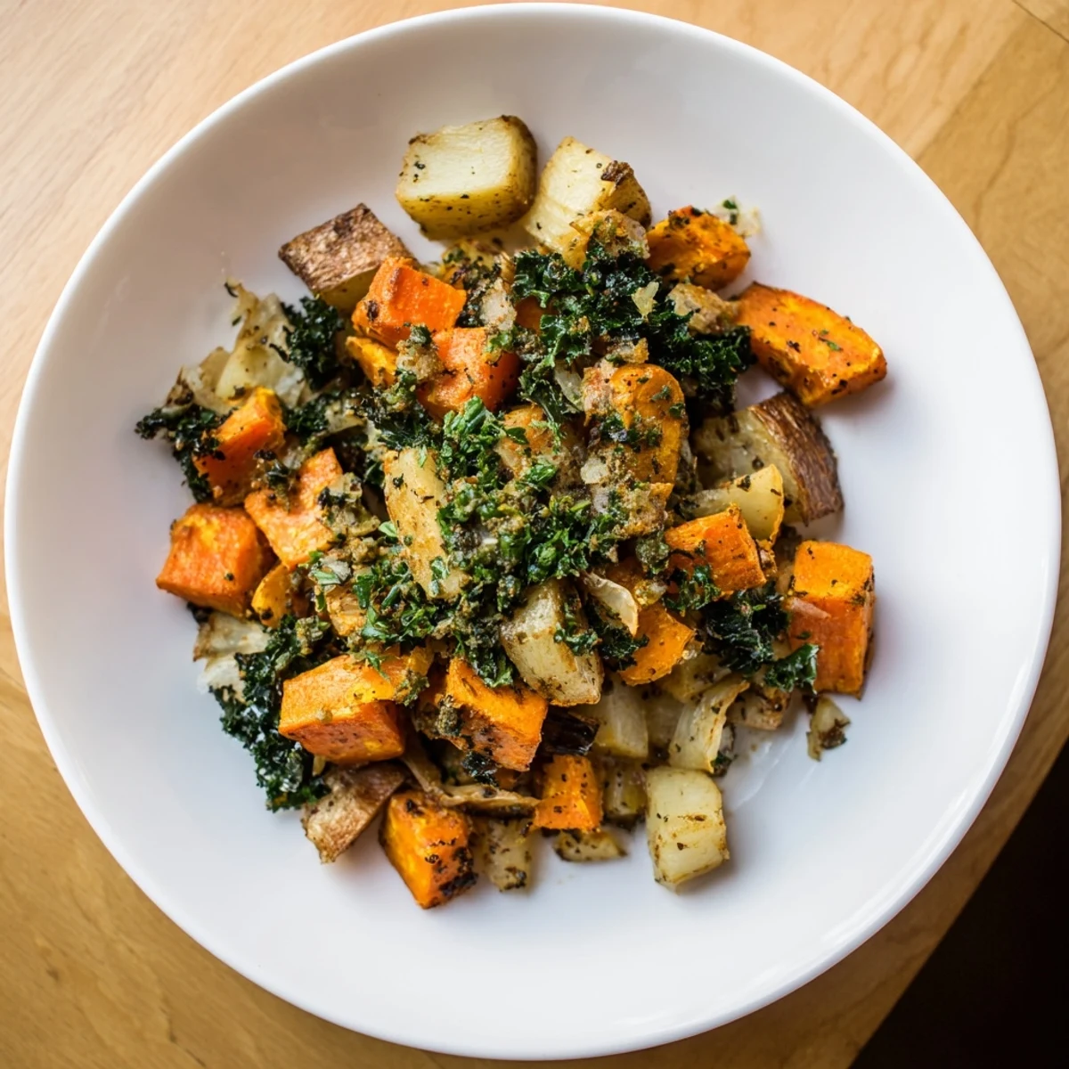 A close-up of caramelized root vegetables and wilted greens on a platter, garnished with bright parsley and lemon zest.