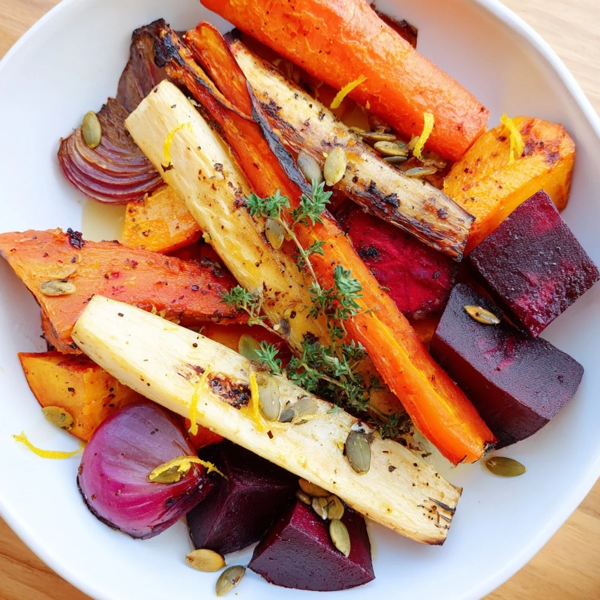 Golden-brown charred root vegetables—carrots, parsnips, beetroot, sweet potato, and red onion—roasted until tender and smoky on a baking sheet.