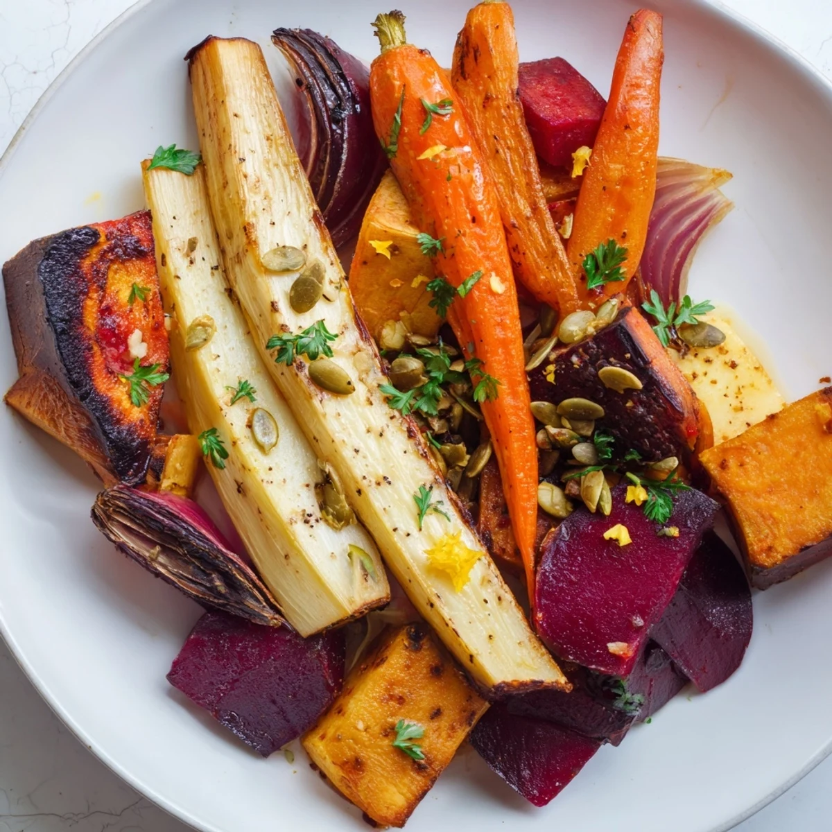 Hearty roasted root vegetables served warm as a vegetarian main or side, garnished with fresh parsley and pumpkin seeds.