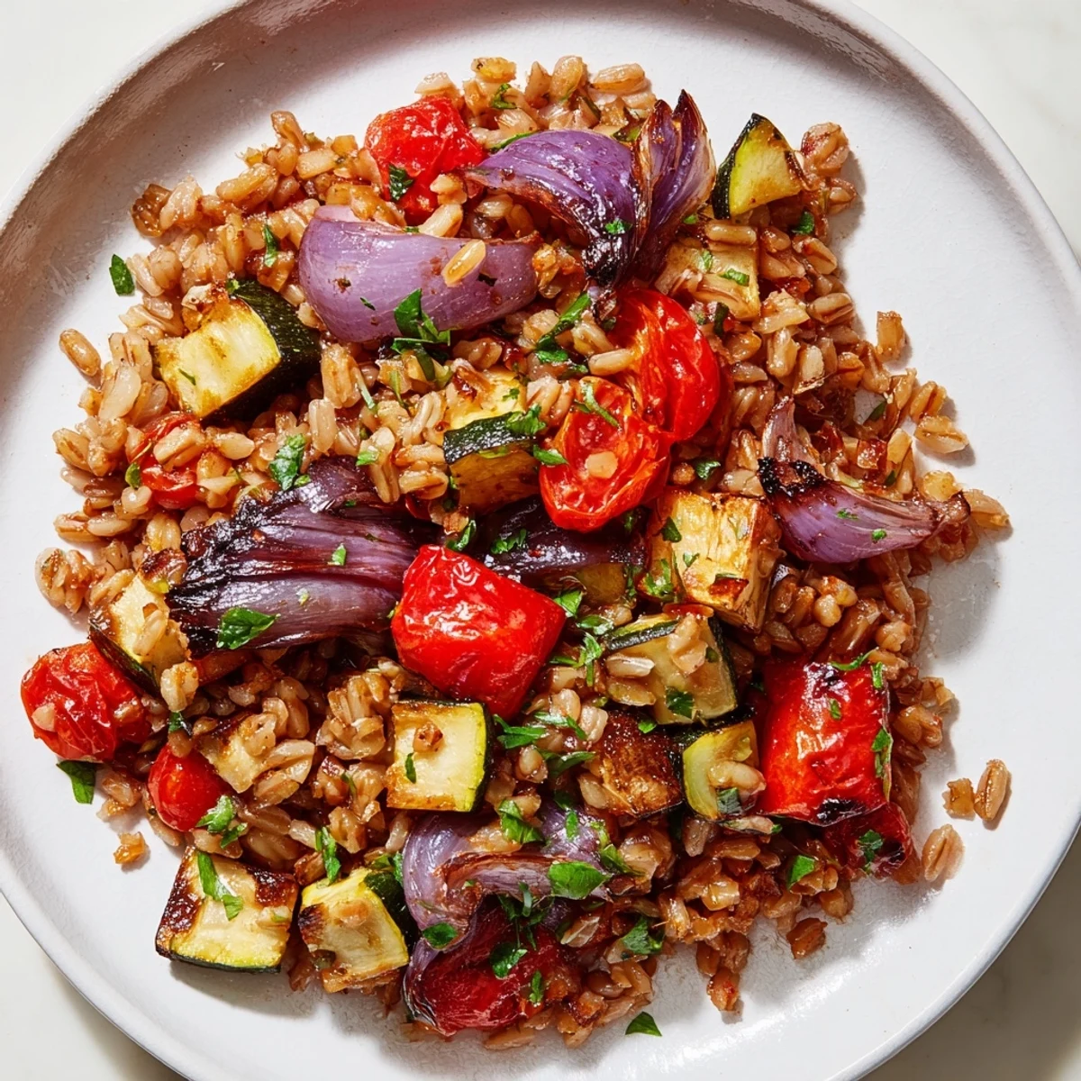 A close-up of the Charred Savory Grain in a skillet, showcasing vibrant red bell peppers, zucchini, and cherry tomatoes.