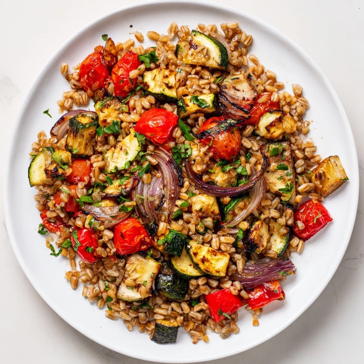 Spoonful of Charred Savory Grain with smoky farro and herb garnish, served as a hearty vegan side dish.