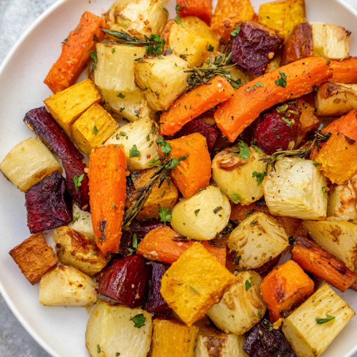 Caramelized golden roasted roots medley with tender carrots, parsnips, and sweet potatoes, finished with fragrant rosemary and thyme.