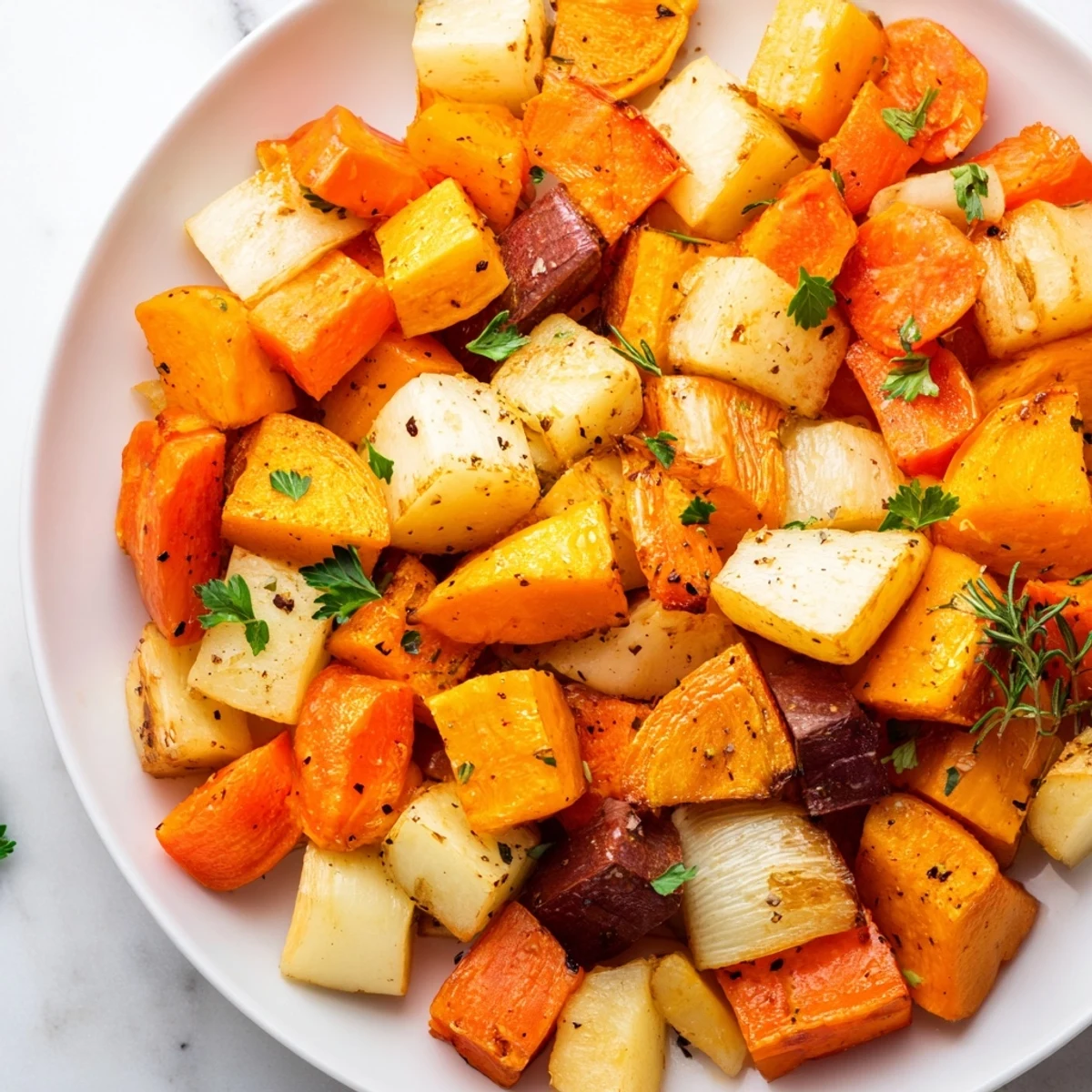 A close-up of garlic-roasted golden roots on a baking sheet, steaming slightly as a garnish of fresh parsley adds vibrant color.