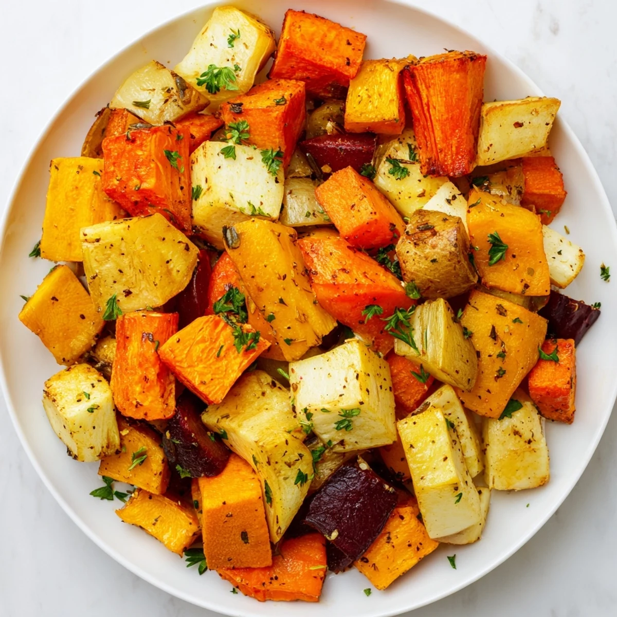 Savory golden roasted roots served as a hearty vegetarian side dish, paired with a simple salad for a wholesome dinner plate.