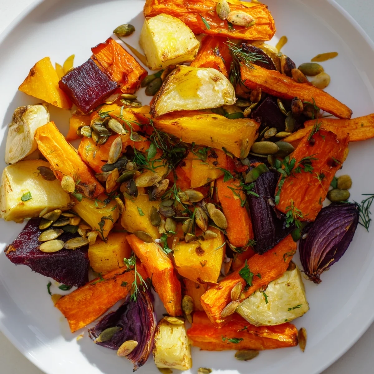 The vibrant Emerald Roasted Roots emerge from the oven with golden-brown edges, featuring colorful carrots, parsnips, and sweet potatoes tossed in fresh herbs.  