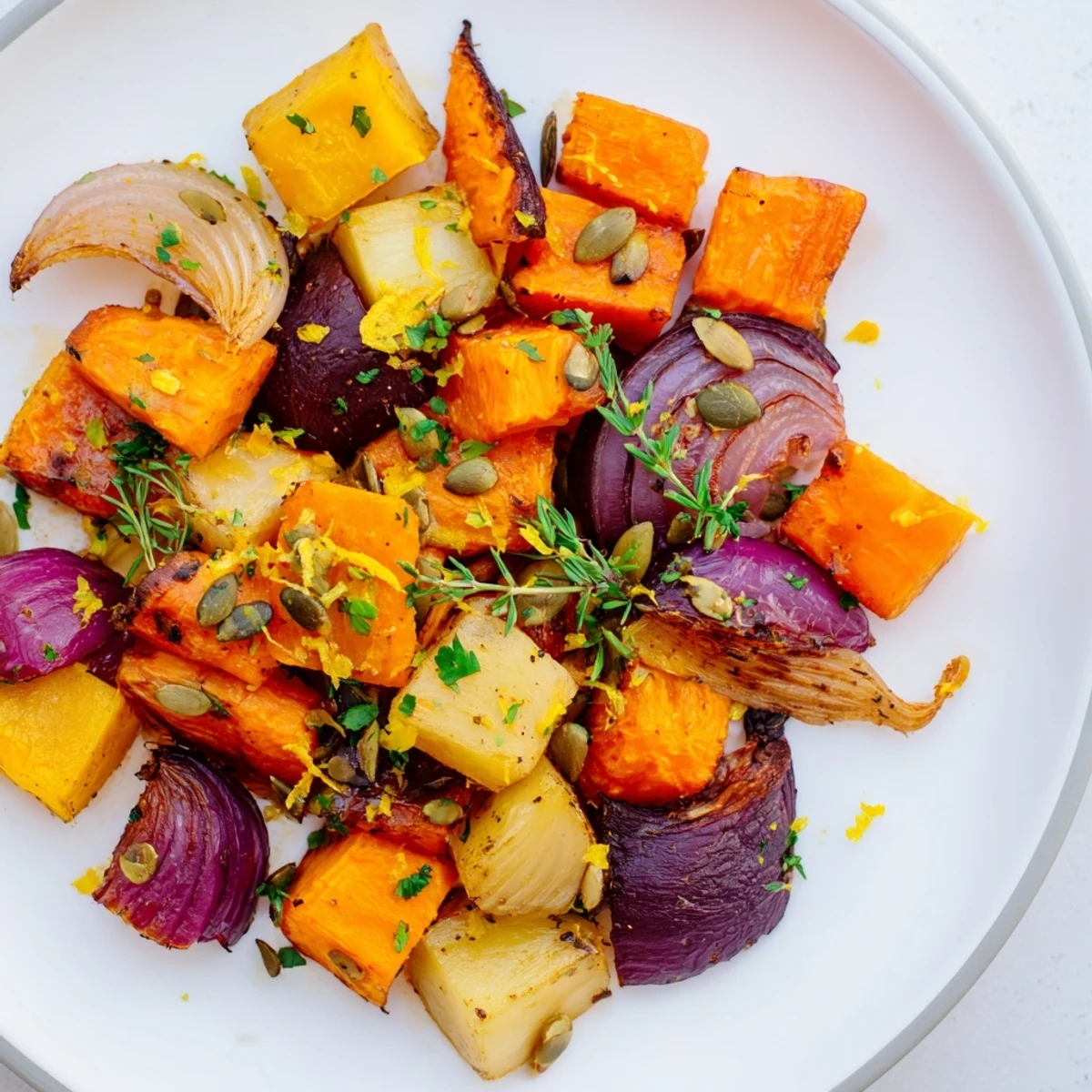 A close-up view of Emerald Roasted Roots, glistening with olive oil and speckled with chopped dill and parsley, served warm on a rustic platter.  