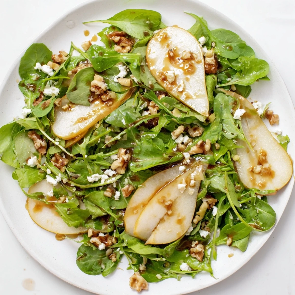 Close-up of Evergreen Pear Greens salad drizzled with apple cider vinaigrette, garnished with toasted nuts and cheese, ideal for a refreshing vegetarian lunch.