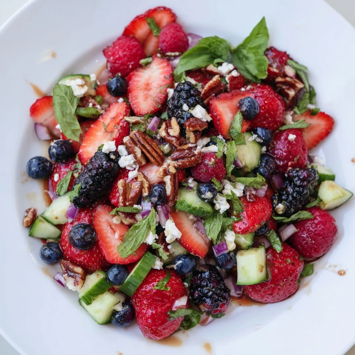 A vibrant bowl of Savory Berry Blend salad with mixed berries, fresh herbs, and crumbled feta cheese.