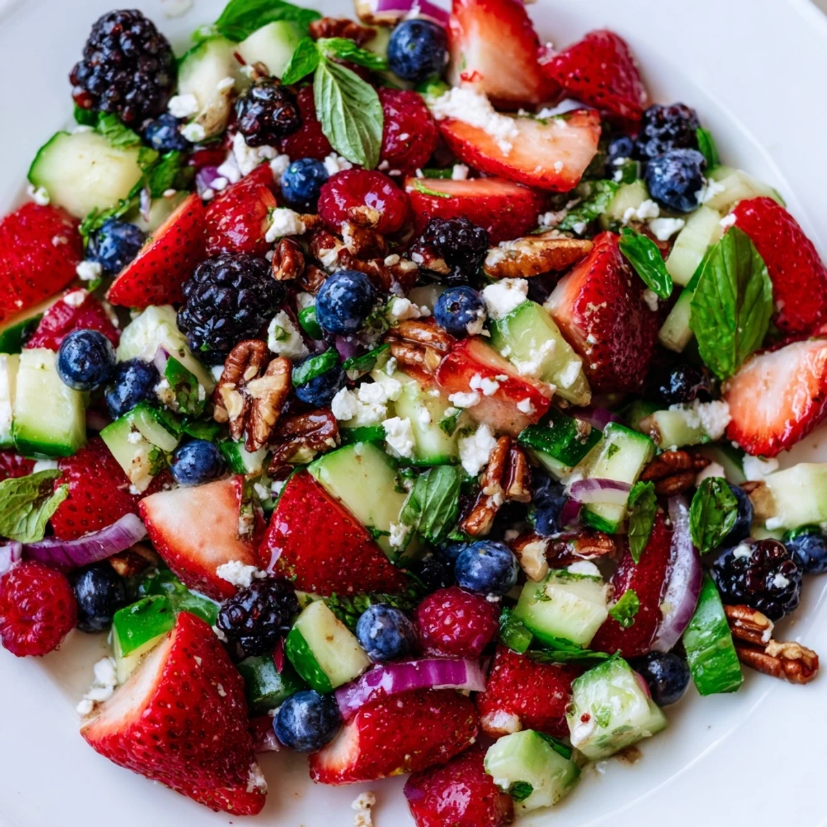 Savory Berry Blend appetizer salad features strawberries, blueberries, and tangy feta cheese for a refreshing flavor.