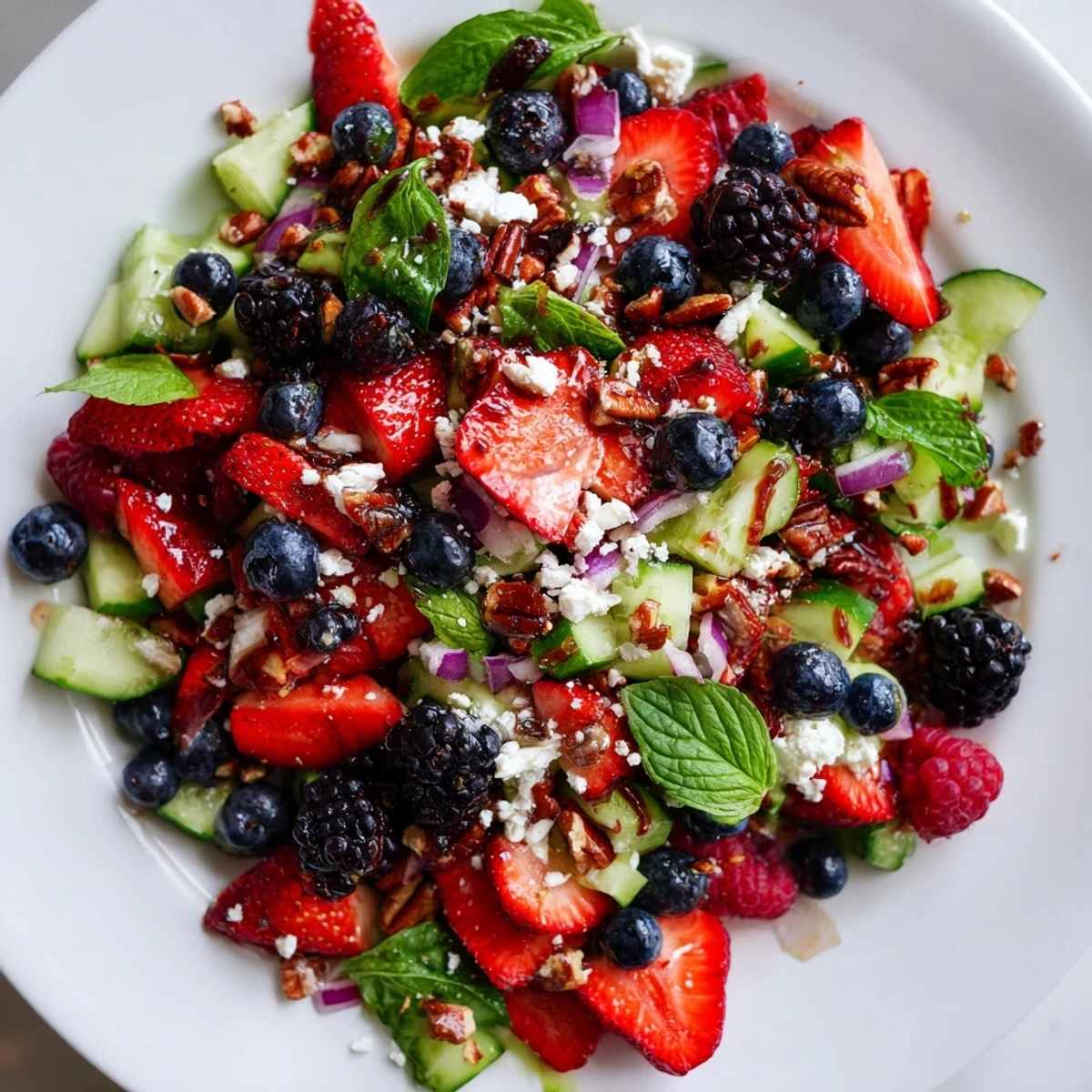 A fresh Savory Berry Blend side dish with sliced cucumber, red onion, and toasted pecans over sweet berries.