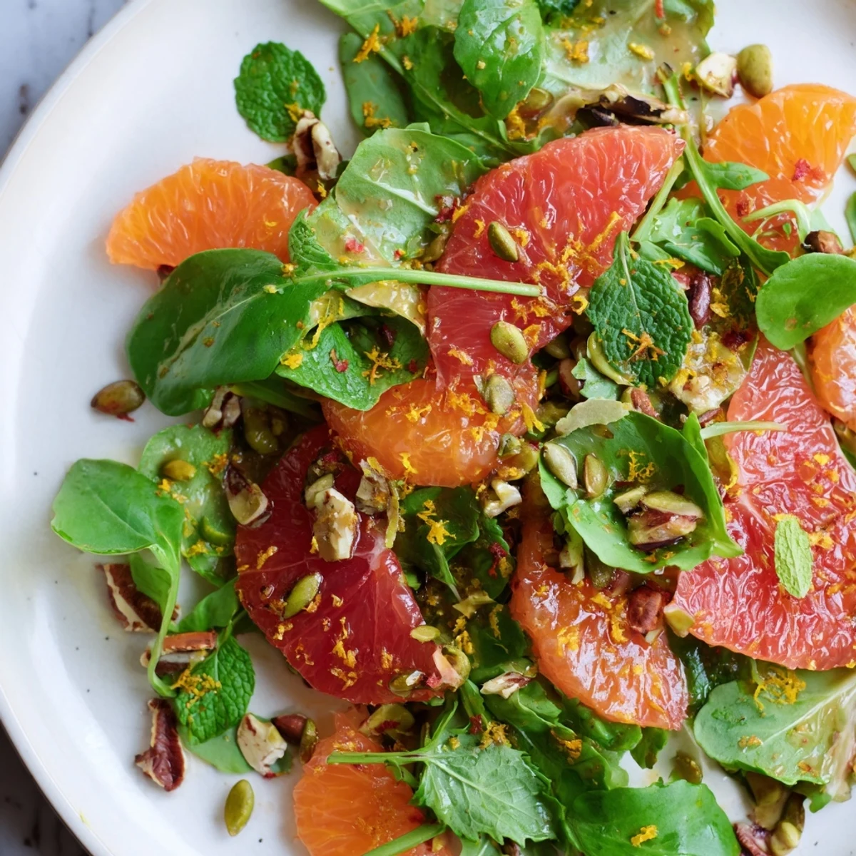 A bowl of Spiced Citrus Greens tossed with warm spiced vinaigrette, garnished with fresh mint and pumpkin seeds for texture.