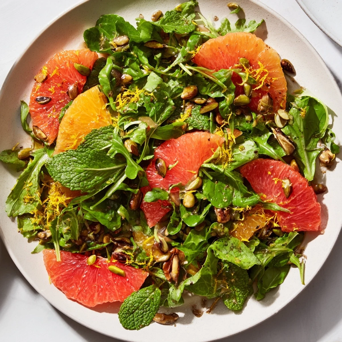 A close-up of vibrant Spiced Citrus Greens salad, showcasing glistening orange segments and toasted pecans on a bed of mixed greens.